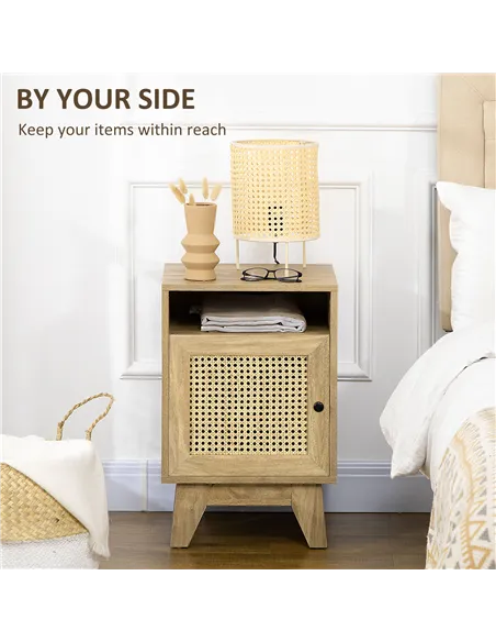 HOMCOM 2-Piece Narrow Rattan Nightstands, Side End Table with Shelf and Cupboard, 39cm x 35cm x 60cm, Natural