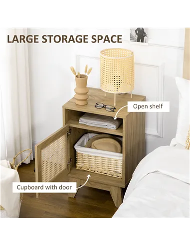 HOMCOM 2-Piece Narrow Rattan Nightstands, Side End Table with Shelf and Cupboard, 39cm x 35cm x 60cm, Natural