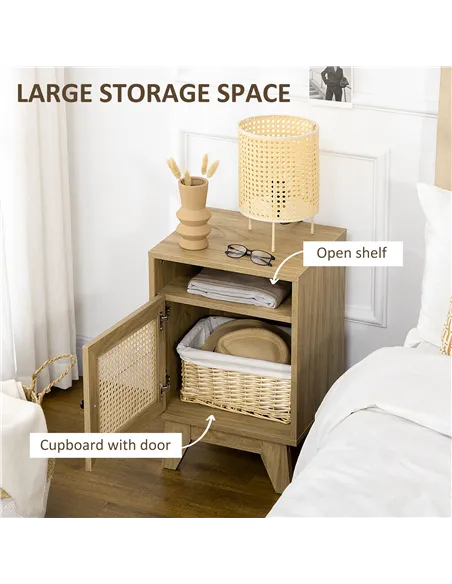 HOMCOM 2-Piece Narrow Rattan Nightstands, Side End Table with Shelf and Cupboard, 39cm x 35cm x 60cm, Natural