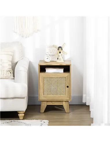 HOMCOM 2-Piece Narrow Rattan Nightstands, Side End Table with Shelf and Cupboard, 39cm x 35cm x 60cm, Natural