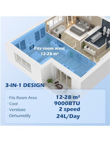 HOMCOM 9,000 BTU Mobile Air Conditioner for Room up to 28m², with Dehumidifier, 24H Timer, Wheels, Window Mount Kit