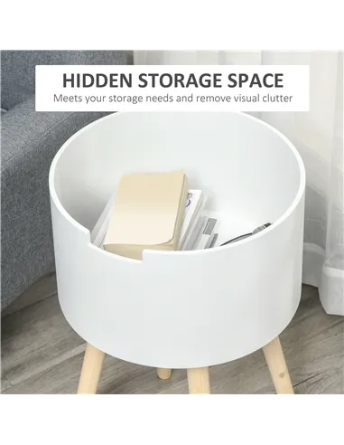 HOMCOM Modern Side Table with Hidden Storage Space, Round Night Stand with Removable Tray Wood Frame End Coffee Table for Living