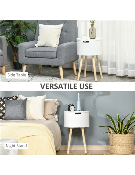 HOMCOM Modern Side Table with Hidden Storage Space, Round Night Stand with Removable Tray Wood Frame End Coffee Table for Living
