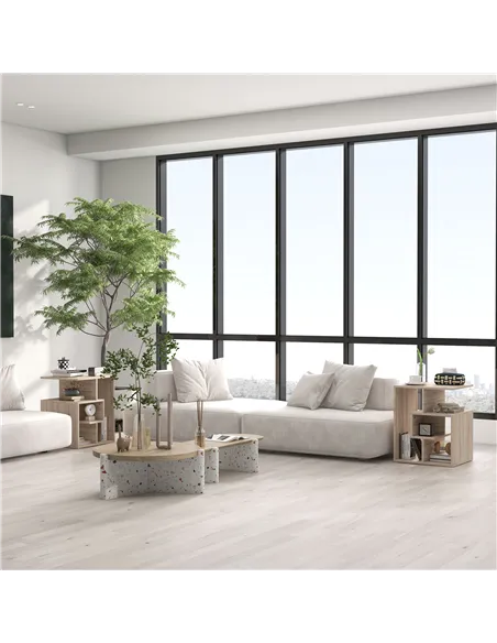 HOMCOM Side Table, 3 Tier End Table with Open Storage Shelves for Living Room, Bedroom, Set of 2, Oak