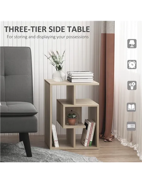 HOMCOM Side Table, 3 Tier End Table with Open Storage Shelves for Living Room, Bedroom, Set of 2, Oak