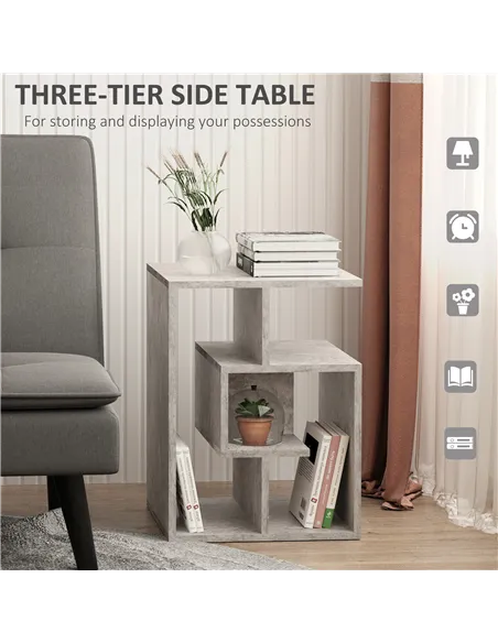 HOMCOM Side Table, 3 Tier End Table with Open Storage Shelves for Living Room, Bedroom, Set of 2, Cement Colour