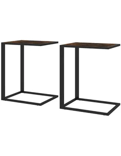 HOMCOM C-Shaped Side Table, Sofa End Table with Metal Frame, Accent Couch Table for Living room, Bedroom, Set of 2, Brown and Bl