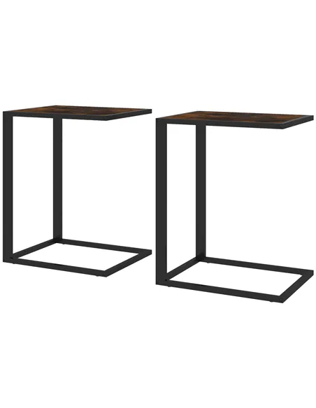 HOMCOM C-Shaped Side Table, Sofa End Table with Metal Frame, Accent Couch Table for Living room, Bedroom, Set of 2, Brown and Bl