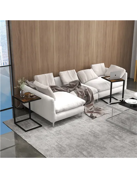 HOMCOM C-Shaped Side Table, Sofa End Table with Metal Frame, Accent Couch Table for Living room, Bedroom, Set of 2, Brown and Bl