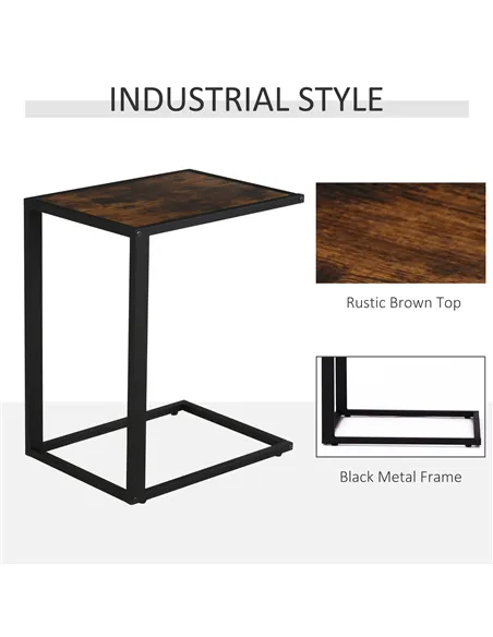 HOMCOM C-Shaped Side Table, Sofa End Table with Metal Frame, Accent Couch Table for Living room, Bedroom, Set of 2, Brown and Bl