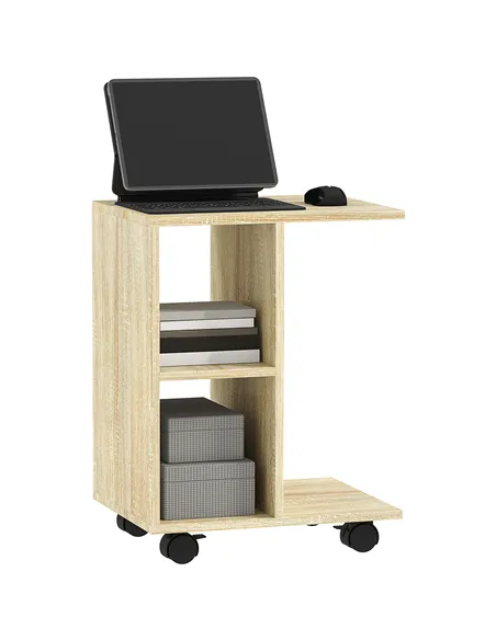 HOMCOM C-Shape End Table Unique Storage Unit w/ 2 Shelves 4 Wheels Freestanding Home Office Furniture Cabinet Square Studio Natu