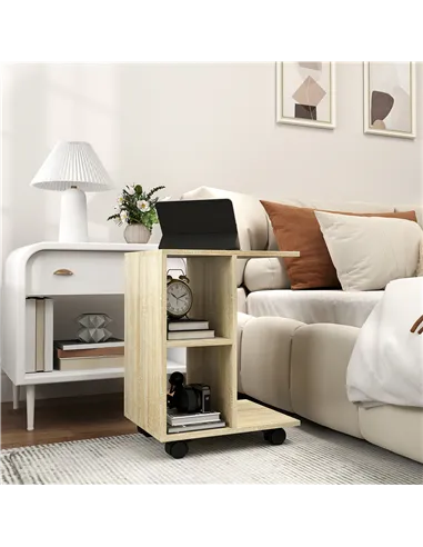 HOMCOM C-Shape End Table Unique Storage Unit w/ 2 Shelves 4 Wheels Freestanding Home Office Furniture Cabinet Square Studio Natu
