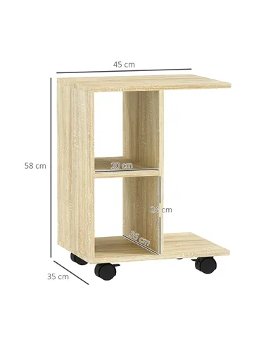 HOMCOM C-Shape End Table Unique Storage Unit w/ 2 Shelves 4 Wheels Freestanding Home Office Furniture Cabinet Square Studio Natu