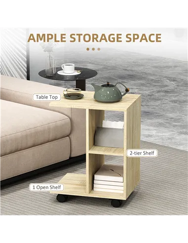 HOMCOM C-Shape End Table Unique Storage Unit w/ 2 Shelves 4 Wheels Freestanding Home Office Furniture Cabinet Square Studio Natu