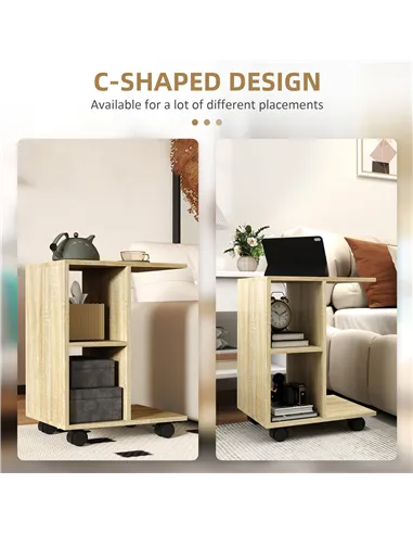 HOMCOM C-Shape End Table Unique Storage Unit w/ 2 Shelves 4 Wheels Freestanding Home Office Furniture Cabinet Square Studio Natu