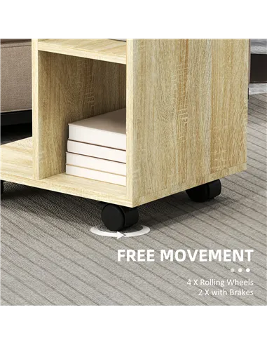 HOMCOM C-Shape End Table Unique Storage Unit w/ 2 Shelves 4 Wheels Freestanding Home Office Furniture Cabinet Square Studio Natu