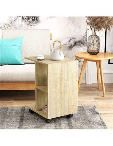 HOMCOM C-Shape End Table Unique Storage Unit w/ 2 Shelves 4 Wheels Freestanding Home Office Furniture Cabinet Square Studio Natu