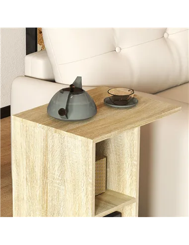 HOMCOM C-Shape End Table Unique Storage Unit w/ 2 Shelves 4 Wheels Freestanding Home Office Furniture Cabinet Square Studio Natu