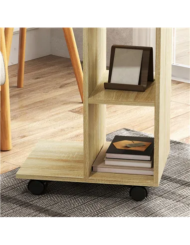 HOMCOM C-Shape End Table Unique Storage Unit w/ 2 Shelves 4 Wheels Freestanding Home Office Furniture Cabinet Square Studio Natu
