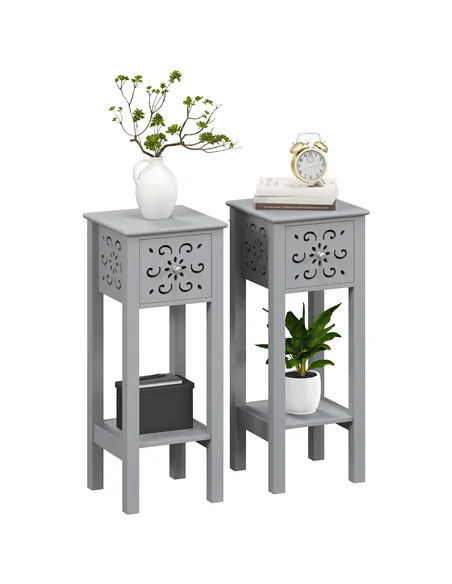 HOMCOM Set of Two Elegant Floral Cut-Out Side Tables - Grey