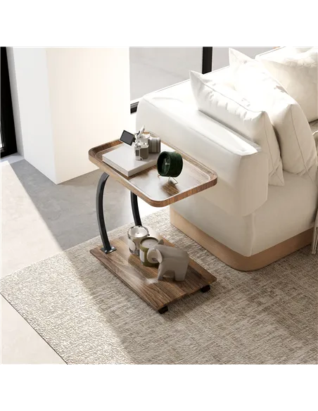 HOMCOM 2-Tier Mobile C-Shaped Side Table - Brown