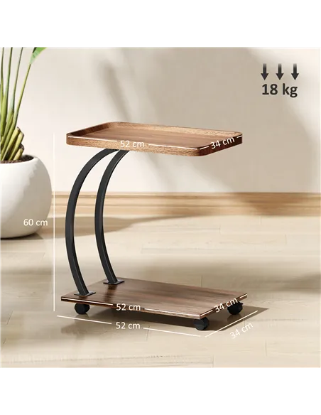 HOMCOM 2-Tier Mobile C-Shaped Side Table - Brown