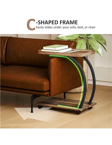 HOMCOM 2-Tier Mobile C-Shaped Side Table - Brown