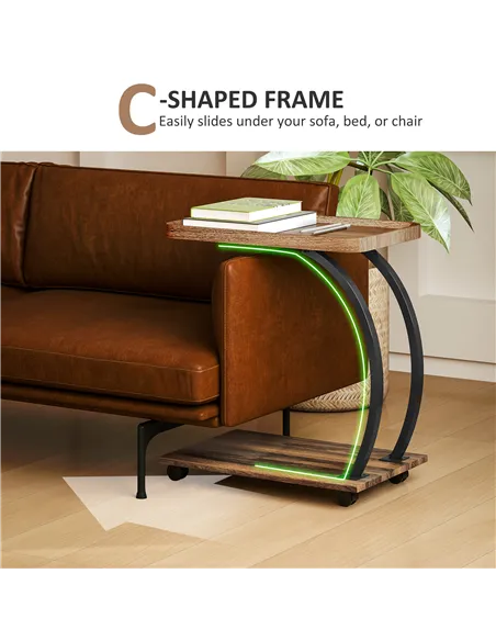 HOMCOM 2-Tier Mobile C-Shaped Side Table - Brown