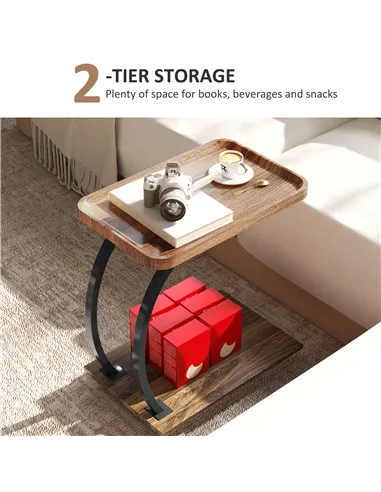 HOMCOM 2-Tier Mobile C-Shaped Side Table - Brown