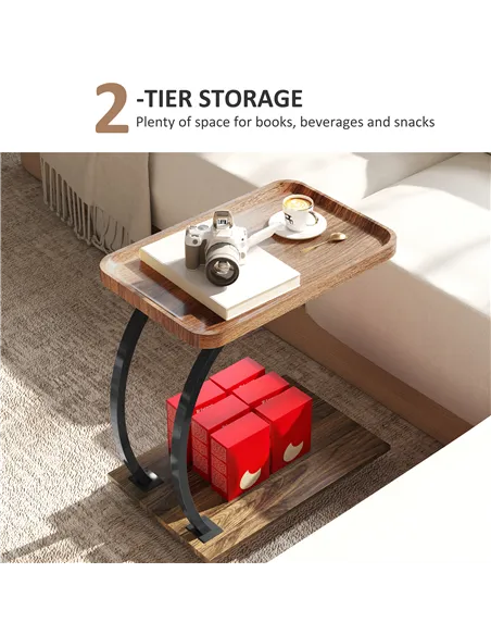 HOMCOM 2-Tier Mobile C-Shaped Side Table - Brown