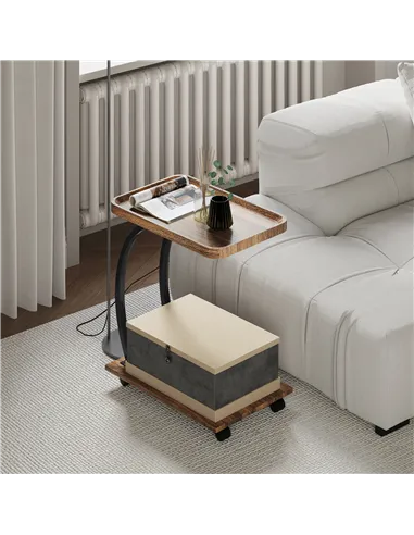 HOMCOM 2-Tier Mobile C-Shaped Side Table - Brown