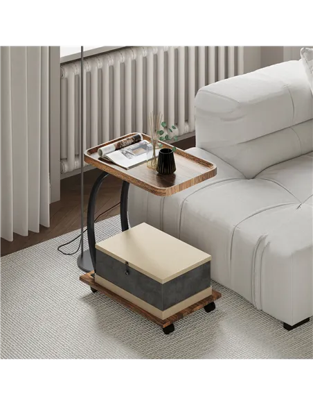 HOMCOM 2-Tier Mobile C-Shaped Side Table - Brown