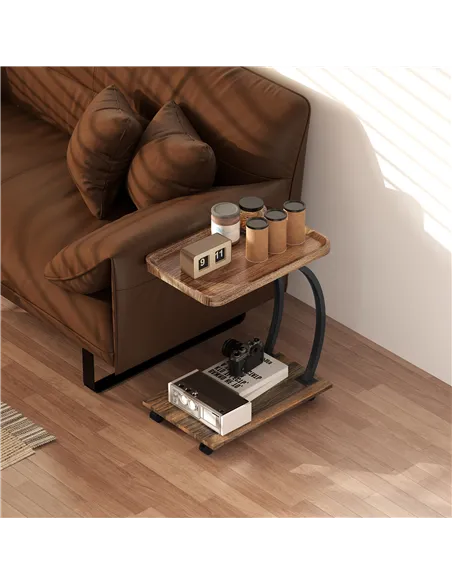 HOMCOM 2-Tier Mobile C-Shaped Side Table - Brown