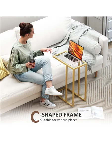 HOMCOM C-Shaped Side Table, Modern Slim End Table with Tempered Glass Tabletop, Steel Frame for Small Space, Living Room, Bedroo