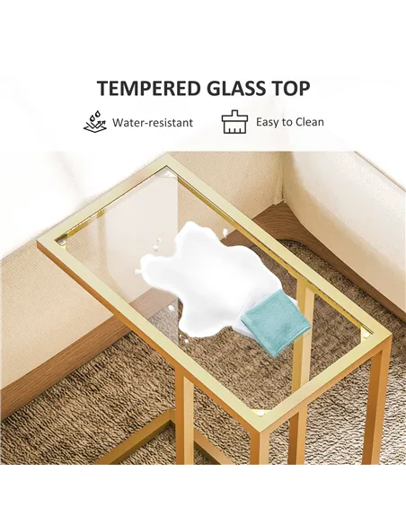 HOMCOM C-Shaped Side Table, Modern Slim End Table with Tempered Glass Tabletop, Steel Frame for Small Space, Living Room, Bedroo