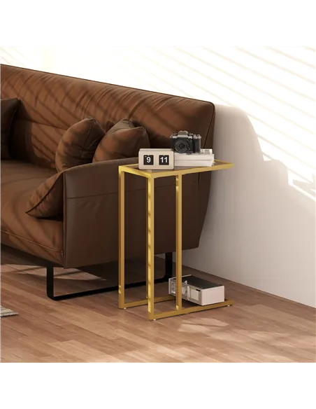 HOMCOM C-Shaped Side Table, Modern Slim End Table with Tempered Glass Tabletop, Steel Frame for Small Space, Living Room, Bedroo