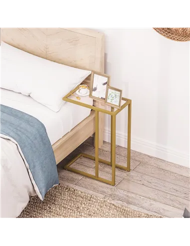 HOMCOM C-Shaped Side Table, Modern Slim End Table with Tempered Glass Tabletop, Steel Frame for Small Space, Living Room, Bedroo