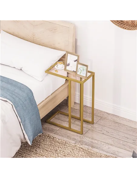 HOMCOM C-Shaped Side Table, Modern Slim End Table with Tempered Glass Tabletop, Steel Frame for Small Space, Living Room, Bedroo