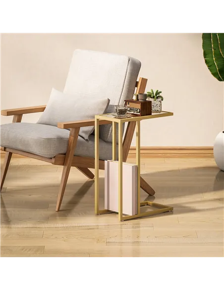 HOMCOM C-Shaped Side Table, Modern Slim End Table with Tempered Glass Tabletop, Steel Frame for Small Space, Living Room, Bedroo