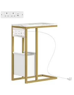 HOMCOM C Shaped Side Table with Charging Station and Faux Marble Top - White