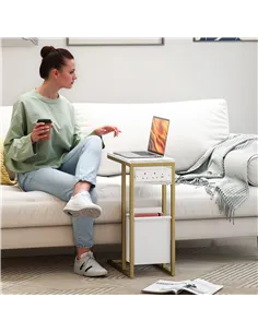 HOMCOM C Shaped Side Table with Charging Station and Faux Marble Top - White 2