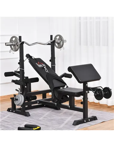 HOMCOM Weight Bench, 6 in 1 Adjustable Bench Press with Leg Extension, Barbell Rack, Preacher Curl Pad, Resistance Band, Multi-F