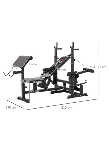 HOMCOM Weight Bench, 6 in 1 Adjustable Bench Press with Leg Extension, Barbell Rack, Preacher Curl Pad, Resistance Band, Multi-F