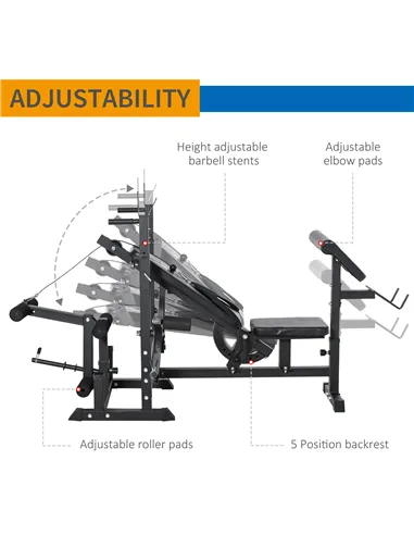 HOMCOM Weight Bench, 6 in 1 Adjustable Bench Press with Leg Extension, Barbell Rack, Preacher Curl Pad, Resistance Band, Multi-F