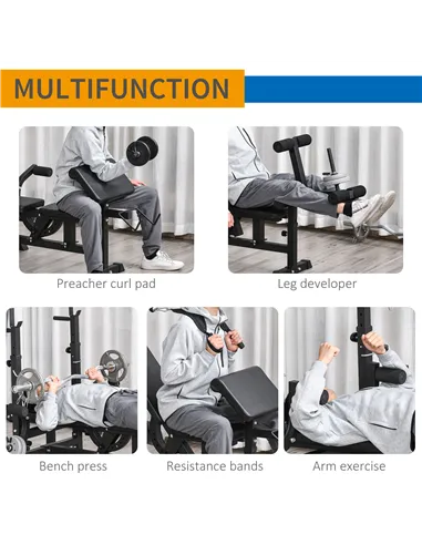 HOMCOM Weight Bench, 6 in 1 Adjustable Bench Press with Leg Extension, Barbell Rack, Preacher Curl Pad, Resistance Band, Multi-F