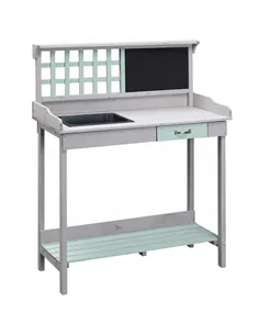 HOMCOM Garden Potting Table with Sink, Blackboard and Drawer, Wooden Planting Work Bench Workstation Outdoor Tool Storage Shelve
