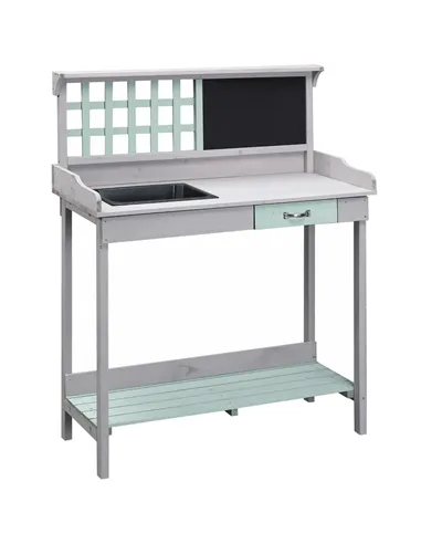HOMCOM Garden Potting Table with Sink, Blackboard and Drawer, Wooden Planting Work Bench Workstation Outdoor Tool Storage Shelve