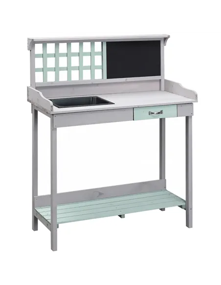 HOMCOM Garden Potting Table with Sink, Blackboard and Drawer, Wooden Planting Work Bench Workstation Outdoor Tool Storage Shelve