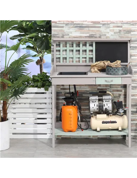 HOMCOM Garden Potting Table with Sink, Blackboard and Drawer, Wooden Planting Work Bench Workstation Outdoor Tool Storage Shelve