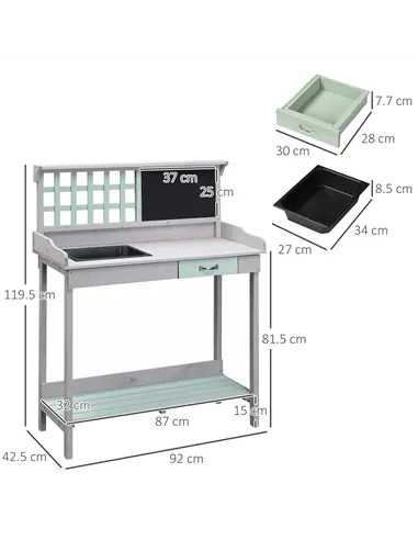 HOMCOM Garden Potting Table with Sink, Blackboard and Drawer, Wooden Planting Work Bench Workstation Outdoor Tool Storage Shelve